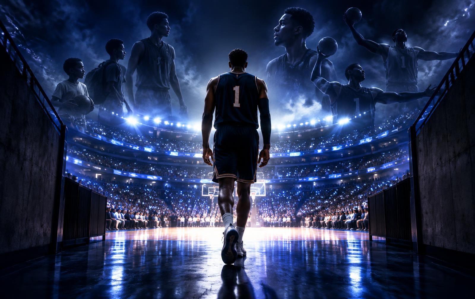 Basketball player walking from an arena tunnel toward the court as career moments appear overhead