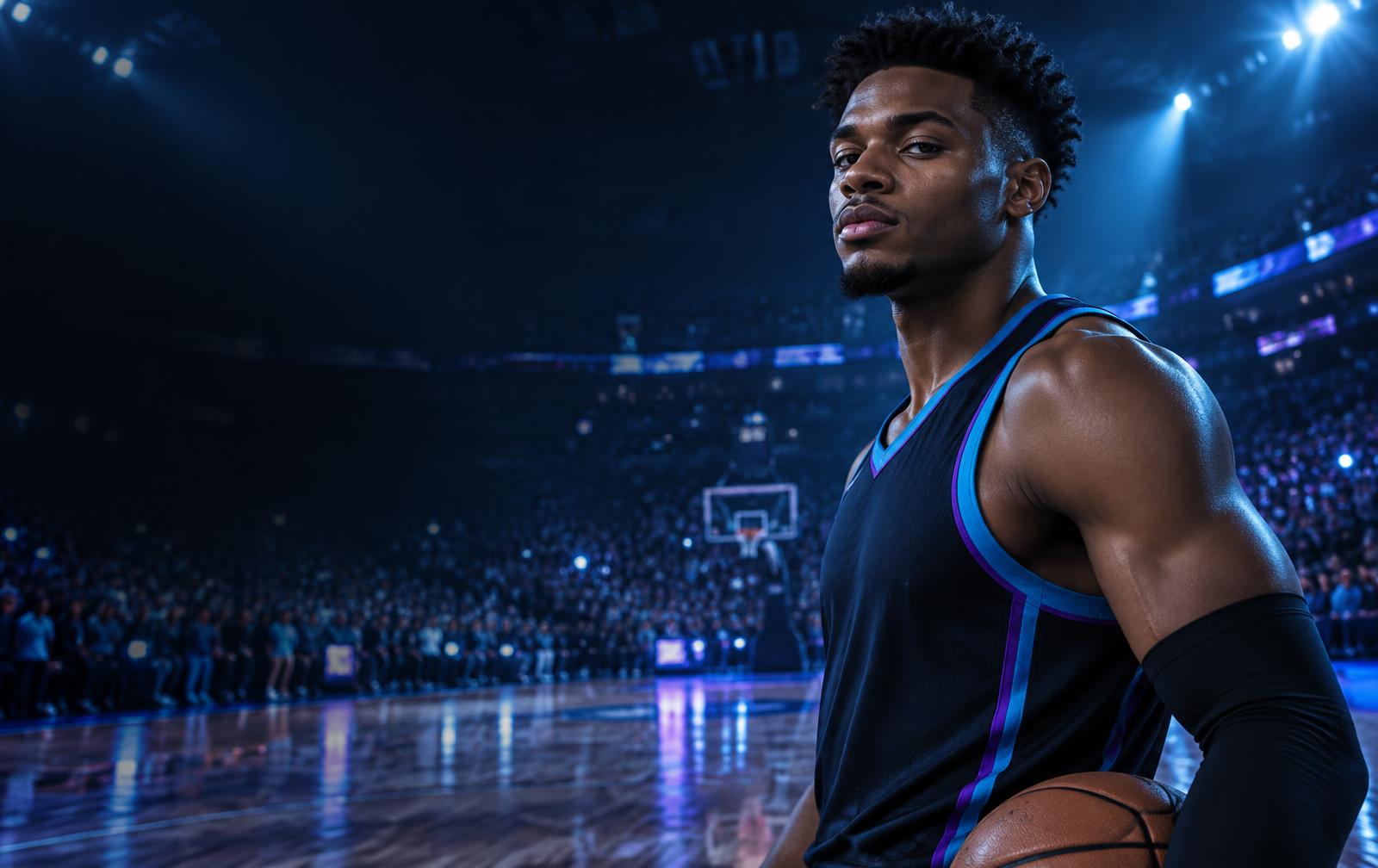 Basketball player portrait on a blue-lit court