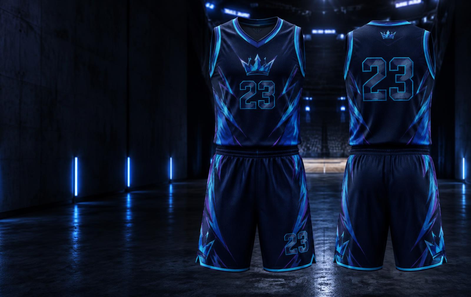 Front and back views of a custom navy basketball uniform under arena lights